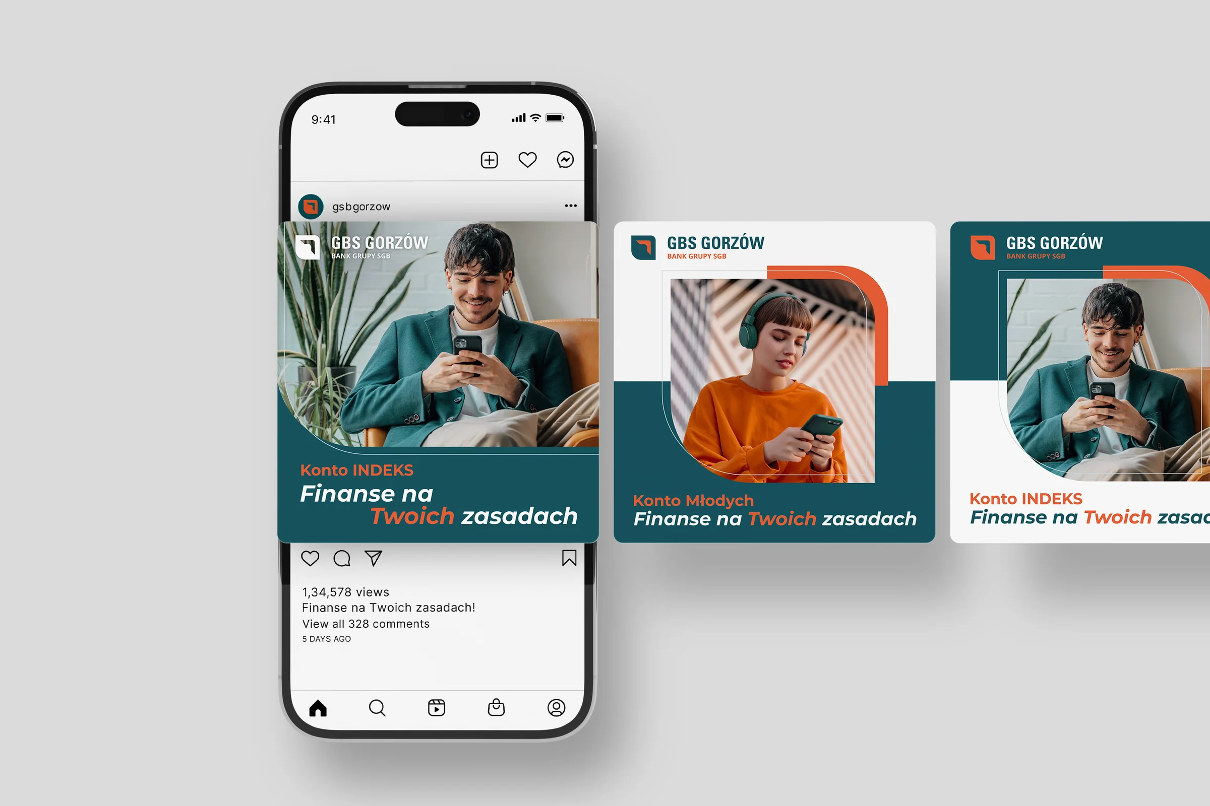 Telefon z postem GBS Gorzów na Instagramie i kolejne posty kampanii Konto INDEKS i Konto Młodych