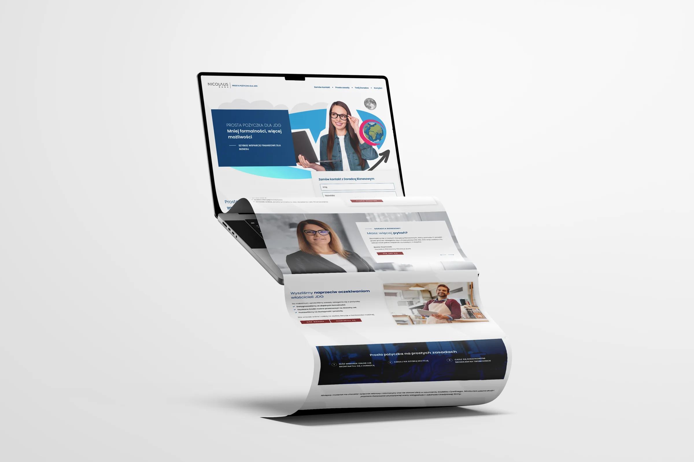 Laptop z landing page kampanii Prosta pożyczka dla JDG, którego strona rozwija się w długą wstęgę
