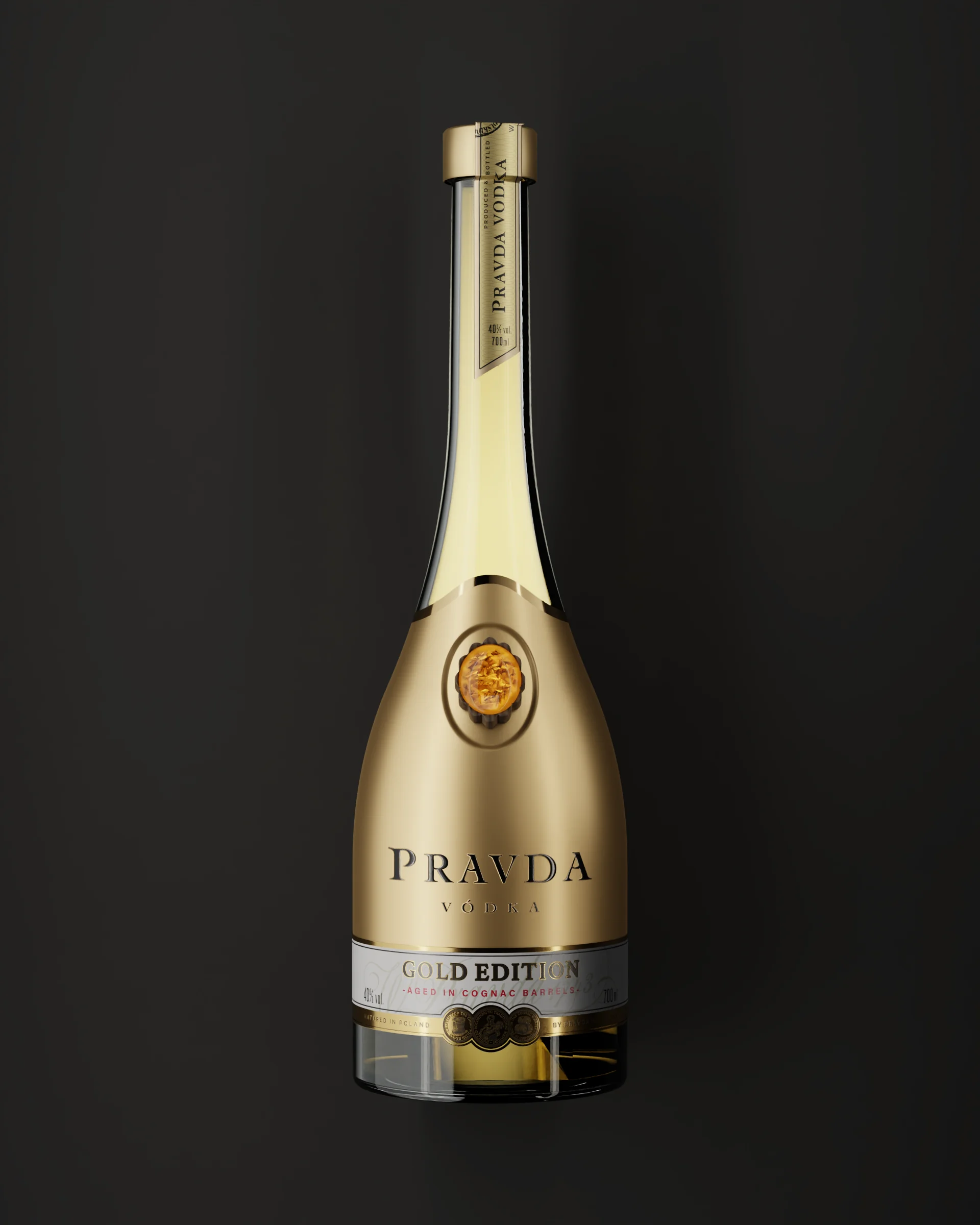 Złota butelka Pravda Vodka Gold Edition z bursztynem w dębowej oprawie