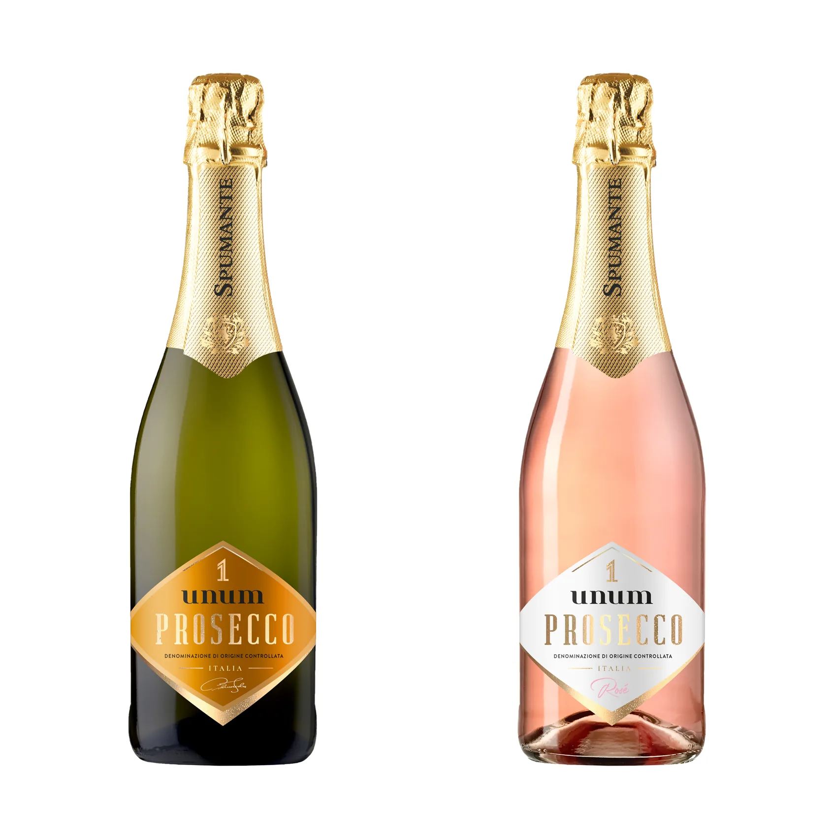 Packshoty butelek Unum Prosecco Spumante i Rosé